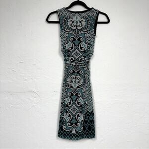 Kay Unger Printed Ruched Mini Bodycon Dress XS Teal Black & White Y2K Baddie